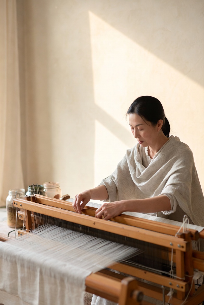 Liu Fang — Founder of Loom & Petal, weaving in her Hangzhou studio